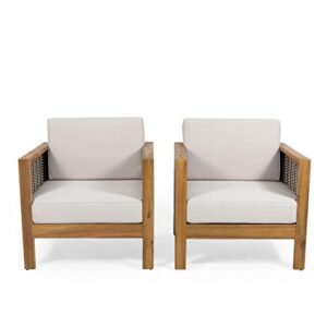 christopher knight home judith outdoor acacia wood club chair with wicker accents (set of 2), teak finish + mixed brown + beige