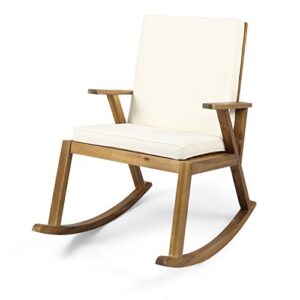 christopher knight home brent outdoor acacia wood rocking chair with water-resistant, teak finish/cream cushion
