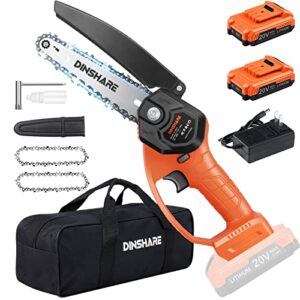 cordless mini chainsaw, dinshare 6 inch 20v small chainsaw with 2pcs 2000mah batteries and charger, safety lock, lightweight one-hand handheld chainsaw for gardening tree branch trimming wood cutting