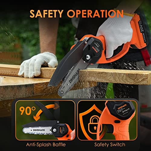 Cordless Mini Chainsaw, DINSHARE 6 Inch 20V Small Chainsaw with 2Pcs 2000mAh Batteries and Charger, Safety Lock, Lightweight One-Hand Handheld Chainsaw for Gardening Tree Branch Trimming Wood Cutting