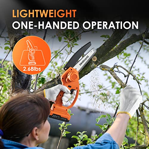 Cordless Mini Chainsaw, DINSHARE 6 Inch 20V Small Chainsaw with 2Pcs 2000mAh Batteries and Charger, Safety Lock, Lightweight One-Hand Handheld Chainsaw for Gardening Tree Branch Trimming Wood Cutting