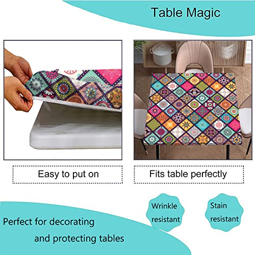 Boho Spring Fitted Tablecloth Square, Buffalo Plaid & Flower Elastic Edge Decor Table Clothes, Stain Wrinkle Resistant Polyester Table Cover for Indoor Outdoor Picnic Party Use, Fits 36x36 inch Table