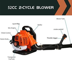 Cordless Leaf Blower with 40.6 oz Fuel Tank, 550 CFM 52CC Backpack Blower with Adjustable Straps 2-Stroke Engine High Strength Snow Blower, Lawn Care, Yard Cleaning, Snow Blowing Orange