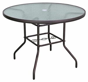 garden elements sienna metal round patio glass top table, 40″ (brown)