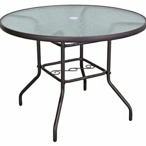 Garden Elements Sienna Metal Round Patio Glass Top Table, 40" (Brown)