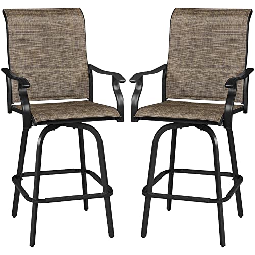 Yaheetech 2 PCS Patio Padded Swivel Bar Stools, Outdoor Padded Texteline Bistro Chairs with High Back and Armrest for Garden Lawn Balcony