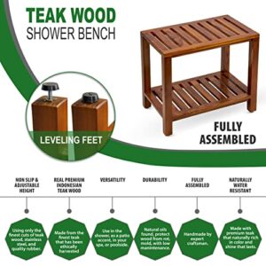 TeakCraft Teak Shower Bench with Shelf 21 Inch, Fully Assembled Teak Wood Shower Stool, Shower Bench for Elderly, Indoor and Outdoor Use, The Theia