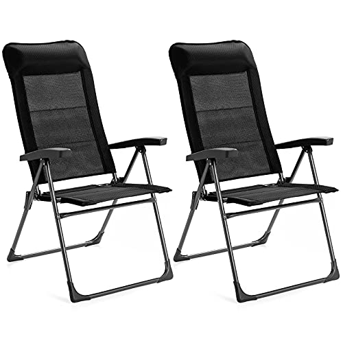 Goplus Folding Patio Sling Chairs, Portable Dining Chair with Headrest, 7 Level Adjustable Backrest, Outdoor Sling Back Chairs for Camping Backyard Garden, Set of 2