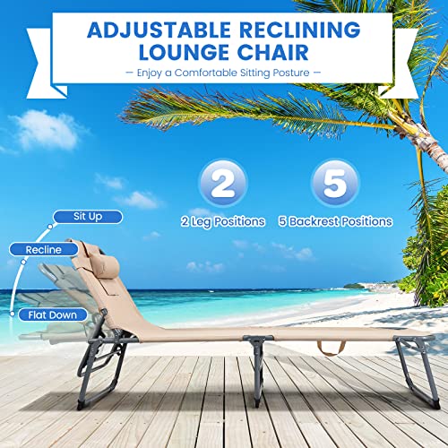 Tangkula Outdoor Beach Chaise Lounge, Folding Lounge Chair with 5-Position Backrest, Sunbathing Recliner with Tanning Face Hole & Removable Pillow for Patio Deck Poolside (2, Beige)