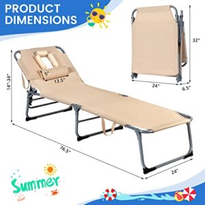 Tangkula Outdoor Beach Chaise Lounge, Folding Lounge Chair with 5-Position Backrest, Sunbathing Recliner with Tanning Face Hole & Removable Pillow for Patio Deck Poolside (2, Beige)