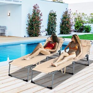 Tangkula Outdoor Beach Chaise Lounge, Folding Lounge Chair with 5-Position Backrest, Sunbathing Recliner with Tanning Face Hole & Removable Pillow for Patio Deck Poolside (2, Beige)