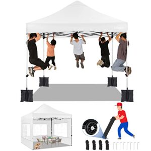 tooluck 10×10 pop up canopy commercial heavy duty canopy tent with 4 sidewalls easy up outdoor party tent instant canopy all season windproof & waterproof gazebo with roller bag,white(frame thickened)