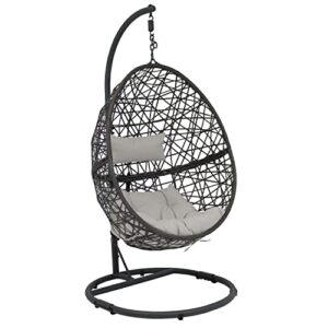 sunnydaze caroline hanging egg chair swing with steel stand set – all-weather construction – resin wicker porch swing – large basket design – outdoor lounging chair – includes gray cushions