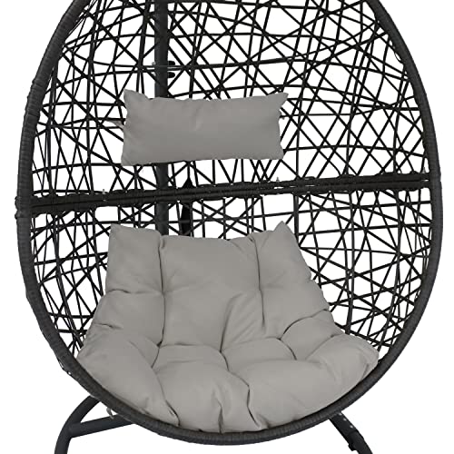 Sunnydaze Caroline Hanging Egg Chair Swing with Steel Stand Set - All-Weather Construction - Resin Wicker Porch Swing - Large Basket Design - Outdoor Lounging Chair - Includes Gray Cushions