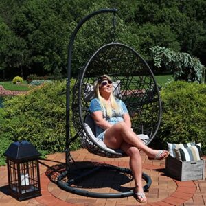 Sunnydaze Caroline Hanging Egg Chair Swing with Steel Stand Set - All-Weather Construction - Resin Wicker Porch Swing - Large Basket Design - Outdoor Lounging Chair - Includes Gray Cushions