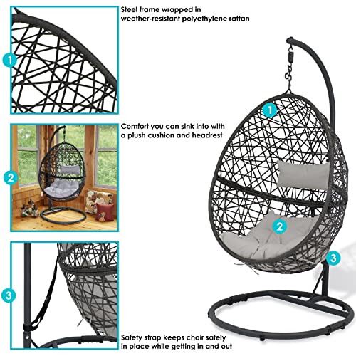 Sunnydaze Caroline Hanging Egg Chair Swing with Steel Stand Set - All-Weather Construction - Resin Wicker Porch Swing - Large Basket Design - Outdoor Lounging Chair - Includes Gray Cushions