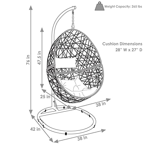 Sunnydaze Caroline Hanging Egg Chair Swing with Steel Stand Set - All-Weather Construction - Resin Wicker Porch Swing - Large Basket Design - Outdoor Lounging Chair - Includes Gray Cushions