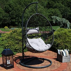 Sunnydaze Caroline Hanging Egg Chair Swing with Steel Stand Set - All-Weather Construction - Resin Wicker Porch Swing - Large Basket Design - Outdoor Lounging Chair - Includes Gray Cushions