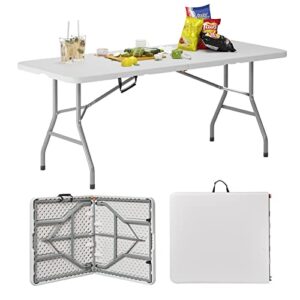 dlandhome folding table 6ft, heavy duty plastic foldable table with handle,plastic dining table indoor outdoor for camping, picnic and party,fold-in-half,white