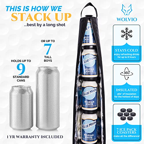 Super Large Golf Beer Sleeve for Golf Bag with 7 Reusable Cold Packs - XL-Size: 9 Cans Golf Cooler Bag - Great Golf Gift - Golf Bag Beer Cooler Sleeve - with Detachable Strap - Original Black