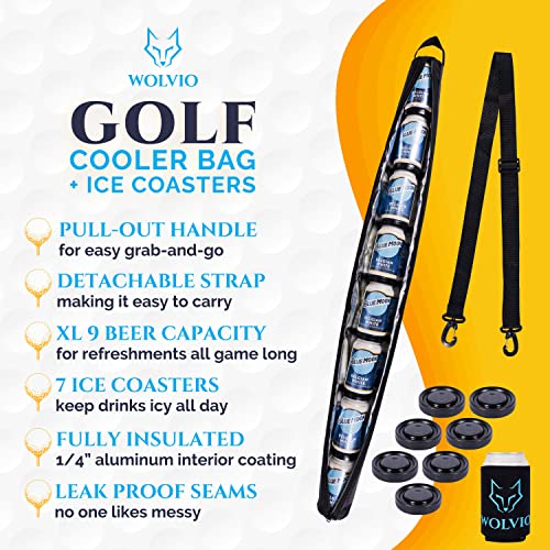 Super Large Golf Beer Sleeve for Golf Bag with 7 Reusable Cold Packs - XL-Size: 9 Cans Golf Cooler Bag - Great Golf Gift - Golf Bag Beer Cooler Sleeve - with Detachable Strap - Original Black