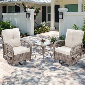 joyside patio bistro set, 3-piece patio wicker swivel rocking chair set, outdoor patio furniture chair with side coffee table & durable fabric cushion(brown/beige)