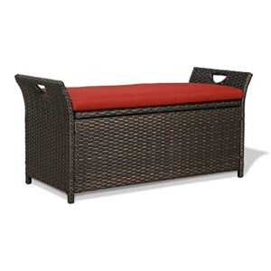 iwicker patio wicker storage bench,outdoor rattan deck box with cushion, red