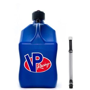 vp racing fuels 5 gallon square motorsport utility jug blue w/ 14 inch standard hose. features close-trimmed cap and neck for tight seal