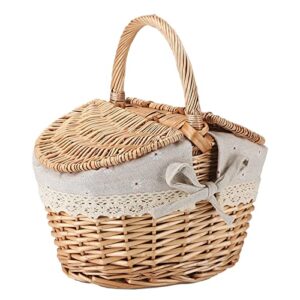 JFBUCF Willow Basket Picnic Basket, Traditional Picnic Hamper with Handle and Double Lids Small Handmade Woven Eggs Candy Basket Flower Basket Rattan Storage, 10x7.7x5.5 inch