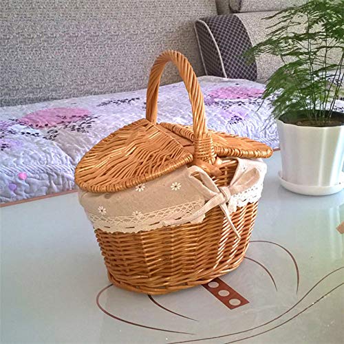 JFBUCF Willow Basket Picnic Basket, Traditional Picnic Hamper with Handle and Double Lids Small Handmade Woven Eggs Candy Basket Flower Basket Rattan Storage, 10x7.7x5.5 inch