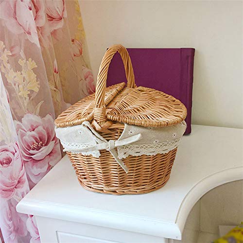 JFBUCF Willow Basket Picnic Basket, Traditional Picnic Hamper with Handle and Double Lids Small Handmade Woven Eggs Candy Basket Flower Basket Rattan Storage, 10x7.7x5.5 inch