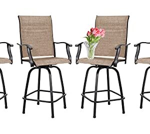 PIAOMTIEE Outdoor Bar Stools Set of 4, Bar Height Patio Chairs with High Back and Armrest, All Weather-Resistant Textilene Bar Stools Patio Furniture for Garden Lawn Deck, Brown