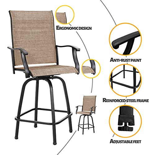 PIAOMTIEE Outdoor Bar Stools Set of 4, Bar Height Patio Chairs with High Back and Armrest, All Weather-Resistant Textilene Bar Stools Patio Furniture for Garden Lawn Deck, Brown