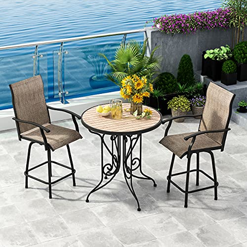 PIAOMTIEE Outdoor Bar Stools Set of 4, Bar Height Patio Chairs with High Back and Armrest, All Weather-Resistant Textilene Bar Stools Patio Furniture for Garden Lawn Deck, Brown