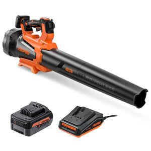fiilpow 20v 450cfm leaf blower, brushless blower cordless with 4.0ah battery and fast charger, turbo mode & variable speed trigger and lock dial, lightweight axial blower for lawn care, yard, driveway