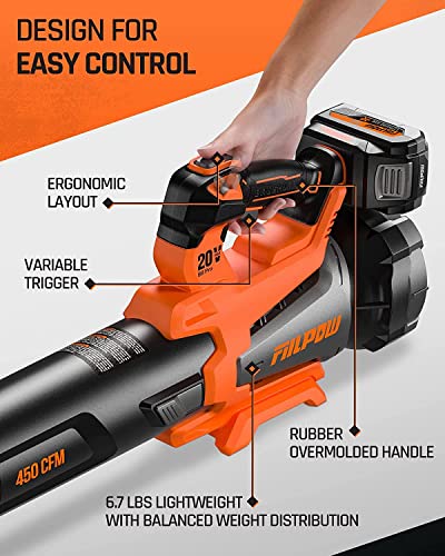 FIILPOW 20V 450CFM Leaf Blower, Brushless Blower Cordless with 4.0Ah Battery and Fast Charger, Turbo Mode & Variable Speed Trigger and Lock Dial, Lightweight Axial Blower for Lawn Care, Yard, Driveway