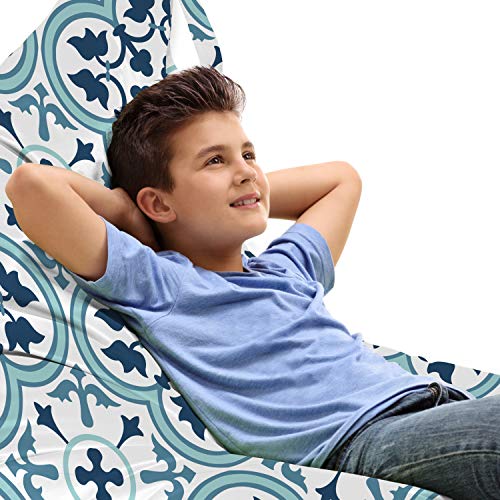 Ambesonne Azulejo Lounger Chair Bag, Ethnic Portuguese Mosaic Art Pattern of Flower Leaves in Middle Eastern, High Capacity Storage with Handle Container, Lounger Size, Dark Teal and White