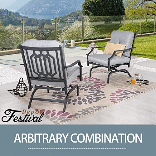 Festival Depot Patio Dining Chair Set of 2 Metal Armchairs with Thick Cushions Outdoor Furniture for Bistro Garden (Grey)