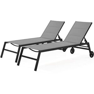 topeakmart outdoor lounger, patio chaise lounge set with wheels, all weather 5-position adjustable reclining chair for pool yard deck beach dark gray