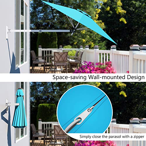 TANGKULA 8 FT Wall Mounted Patio Umbrella, Outdoor Wall Umbrella with Adjustable Pole, Tilting Sunshade Umbrella with Wind Vent, Ideal for Garden Balcony Yard (Turquoise)