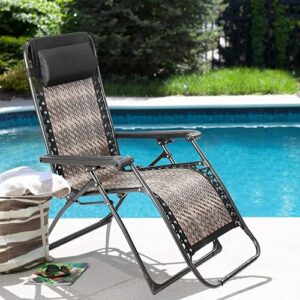 Omelaza Outdoor Zero Gravity Lounge Chair, Adjustable Reclining Patio Folding Chair with Headrest and Cup Holder, All-Weather Rattan Wicker for Pool, Yard, Garden - Grey