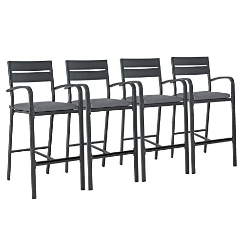 Soleil Jardin Outdoor Bar Stools Set of 4 All-Weather Aluminum Barstools Bar Height Patio Chairs with Cushions for Backyard Balcony Pool, Dark-Grey