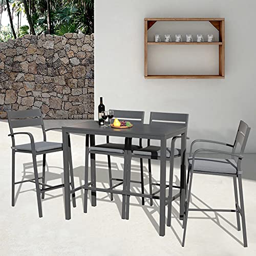 Soleil Jardin Outdoor Bar Stools Set of 4 All-Weather Aluminum Barstools Bar Height Patio Chairs with Cushions for Backyard Balcony Pool, Dark-Grey