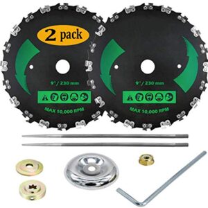 (2pack) 9" x 20T Chainsaw Tooth Brush Blades Green - Weed Eater Saw Blade Kit Replacement for Brush Cutters, String Trimmers, and Weed Wreckers (Adapter Included+2 Round Files)