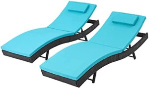 cemeon patio adjustable chaise lounge chair outdoor lounge furniture, black wicker sun chaise with turquoise thick cushion for beach, poolside, yard (2 pack)