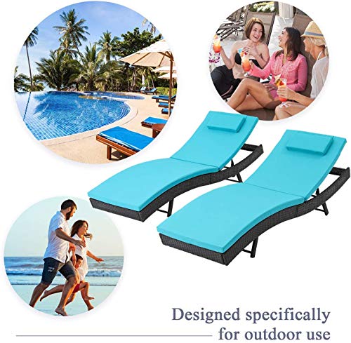 Cemeon Patio Adjustable Chaise Lounge Chair Outdoor Lounge Furniture, Black Wicker Sun Chaise with Turquoise Thick Cushion for Beach, Poolside, Yard (2 Pack)