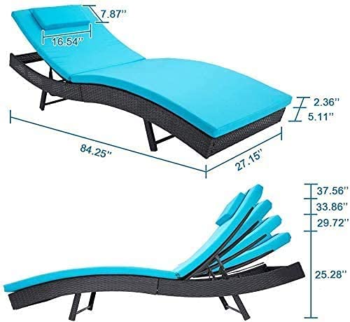 Cemeon Patio Adjustable Chaise Lounge Chair Outdoor Lounge Furniture, Black Wicker Sun Chaise with Turquoise Thick Cushion for Beach, Poolside, Yard (2 Pack)