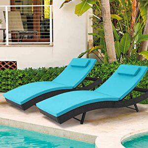 Cemeon Patio Adjustable Chaise Lounge Chair Outdoor Lounge Furniture, Black Wicker Sun Chaise with Turquoise Thick Cushion for Beach, Poolside, Yard (2 Pack)