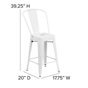 Merrick Lane Dothan Series White 24" High Metal Counter Height Stool with Removable Back for Indoor-Outdoor Use