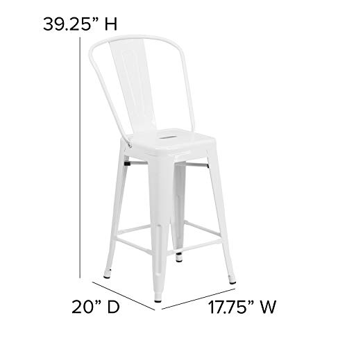 Merrick Lane Dothan Series White 24" High Metal Counter Height Stool with Removable Back for Indoor-Outdoor Use